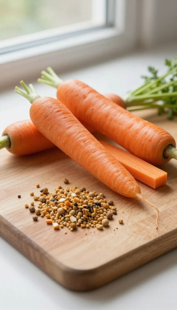 Fresh carrots on a wooden board with guinea pig pellets, bright natural light