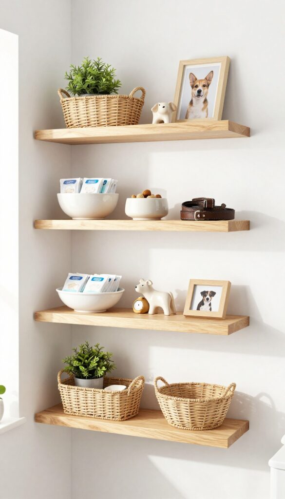 Open shelving in a laundry room with organized dog supplies and decor, including a basket, treats, leash, and framed photo
