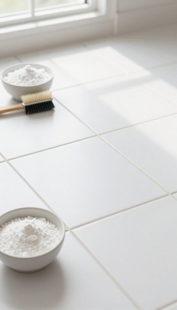 Clean white tile floor with bright grout lines, baking soda paste and brush nearby, natural light