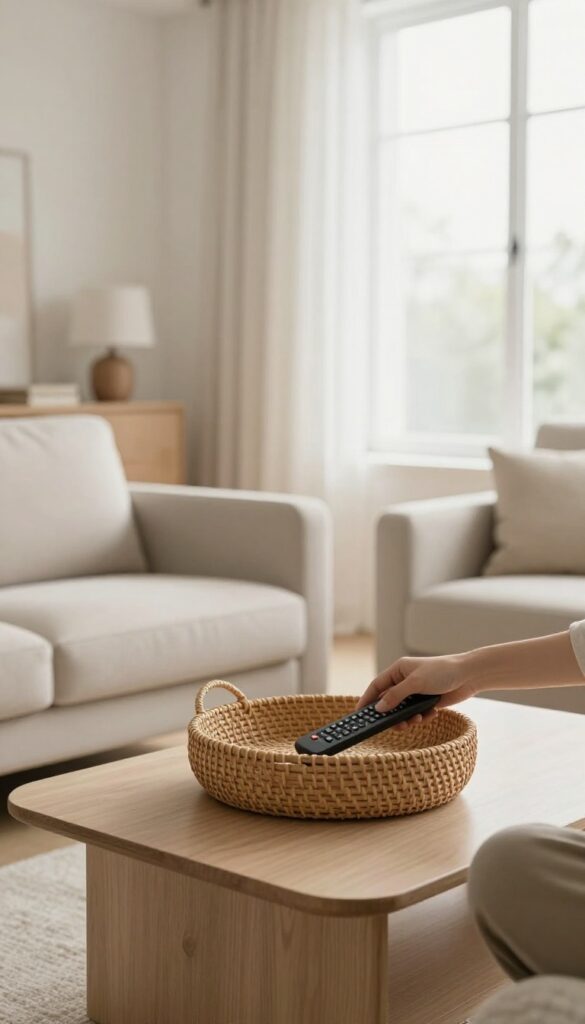 Person putting a TV remote into a basket on a coffee table in a clean, bright living room