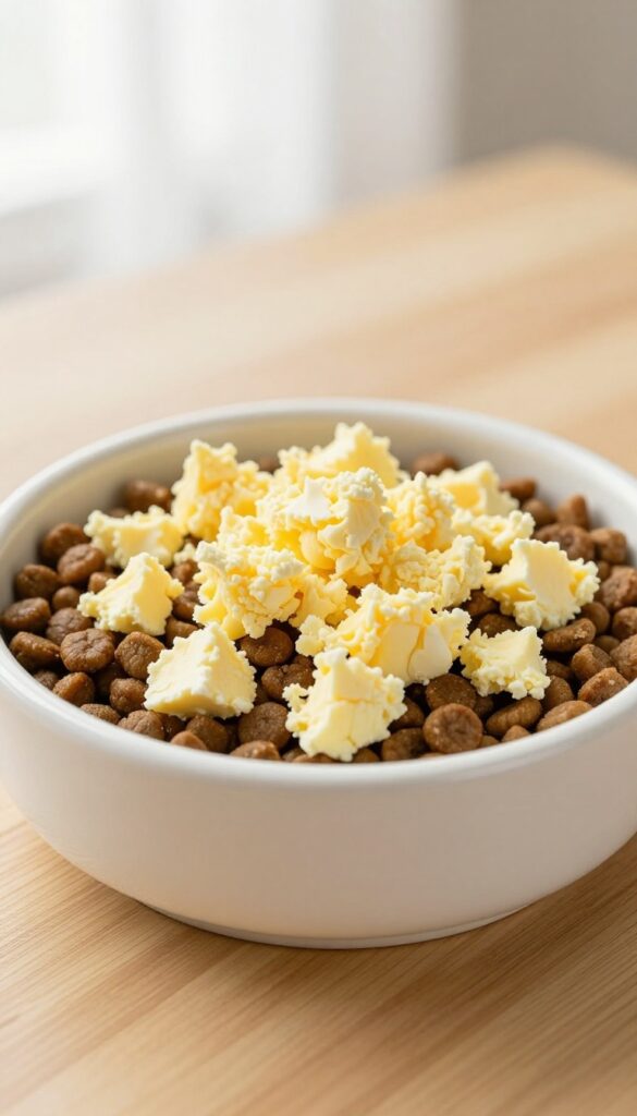 Homemade dog food topper of scrambled egg crumbled over kibble in a dog bowl