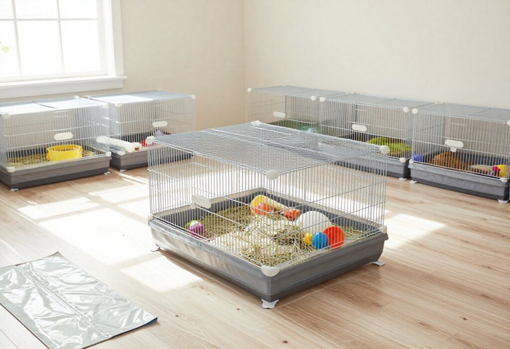 Clean guinea pig room with waterproof flooring and a large easy-to-clean cage