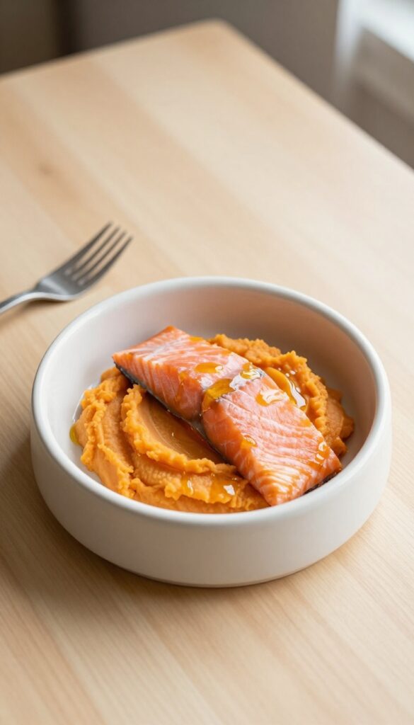 Homemade dog lunch bowl with salmon and sweet potato