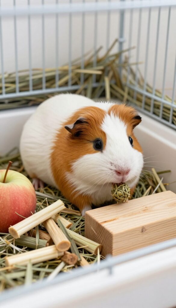 Guinea pig chewing on a willow ball in a cage with wooden chew toys
