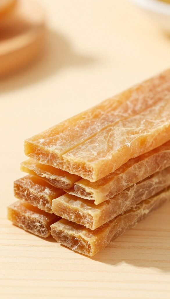 Homemade dehydrated sweet potato chews for dogs, stacked on a wooden board, natural lighting.