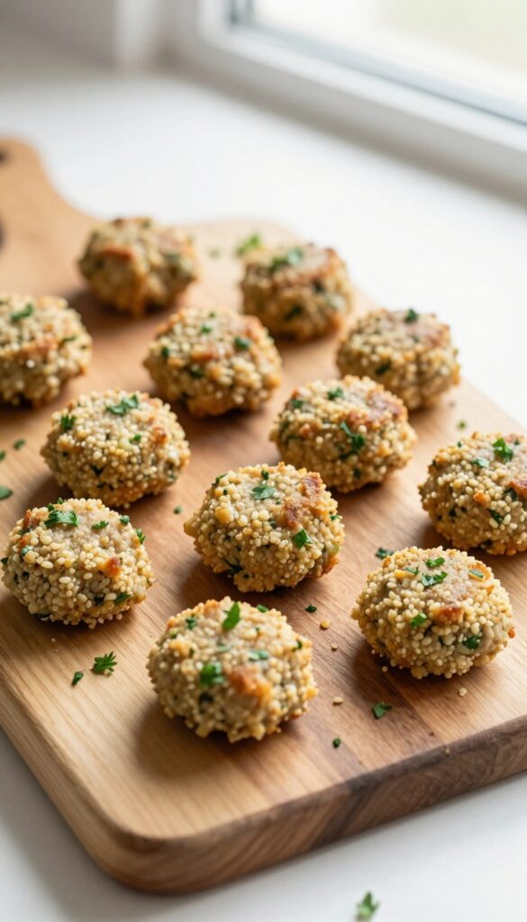 Homemade beef and couscous dog patties arranged on a wooden board, garnished with parsley, bright natural lighting.