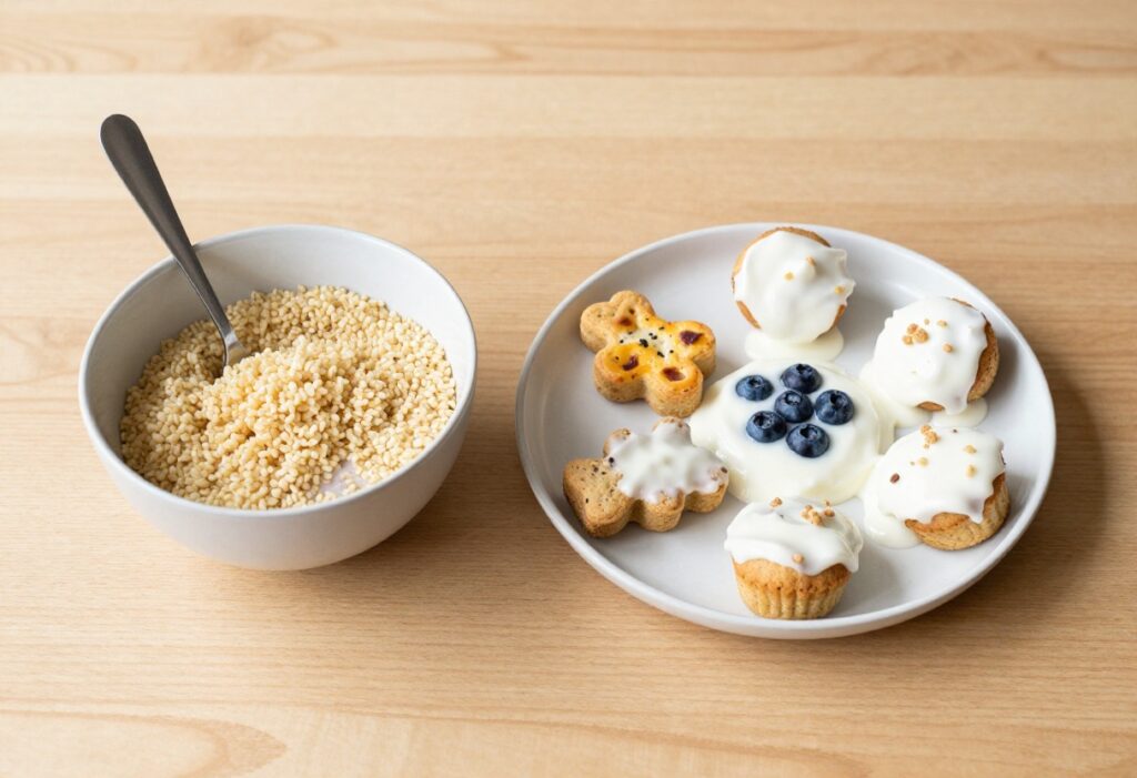 Homemade millet dog treats including pupcakes, cheesy bites, and a blueberry smoothie on a wooden table.