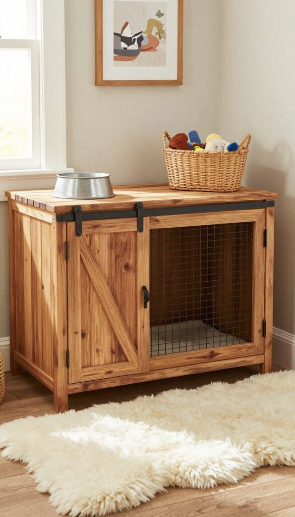 Rustic farmhouse dog crate with sliding barn door, faux sheepskin rug, and woven basket