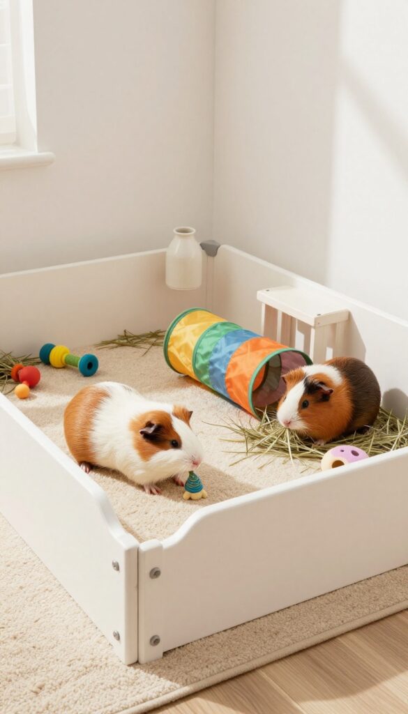 Guinea pigs in a free-roaming area with barriers, rug, tunnel, hideouts, and hay rack.