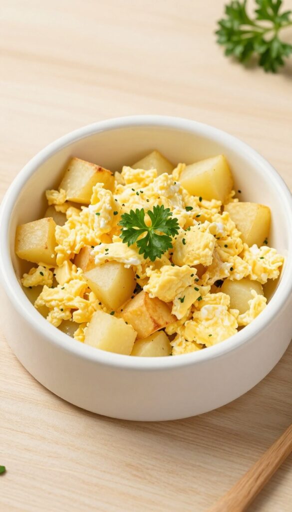 Homemade dog food potato and egg scramble in a white bowl, garnished with parsley, on a wooden table.