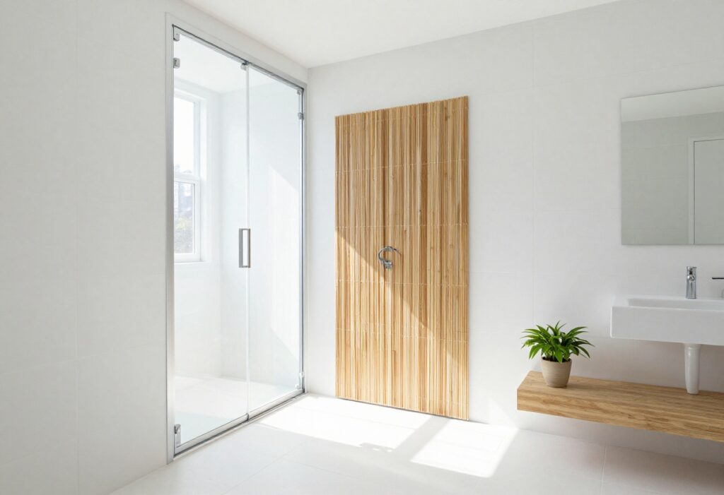 Clean modern shower with glass doors and bamboo accessories, spa-like atmosphere