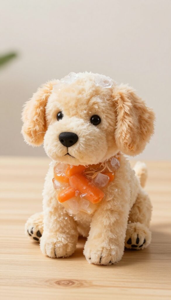 Frozen chicken and carrot broth ice filling inside a dog's stuffable toy on a wooden surface