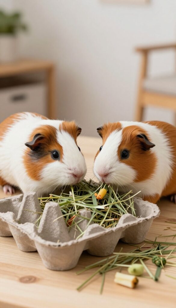Two guinea pigs exploring a cardboard egg carton filled with hay and treats on a wooden table, bright natural light