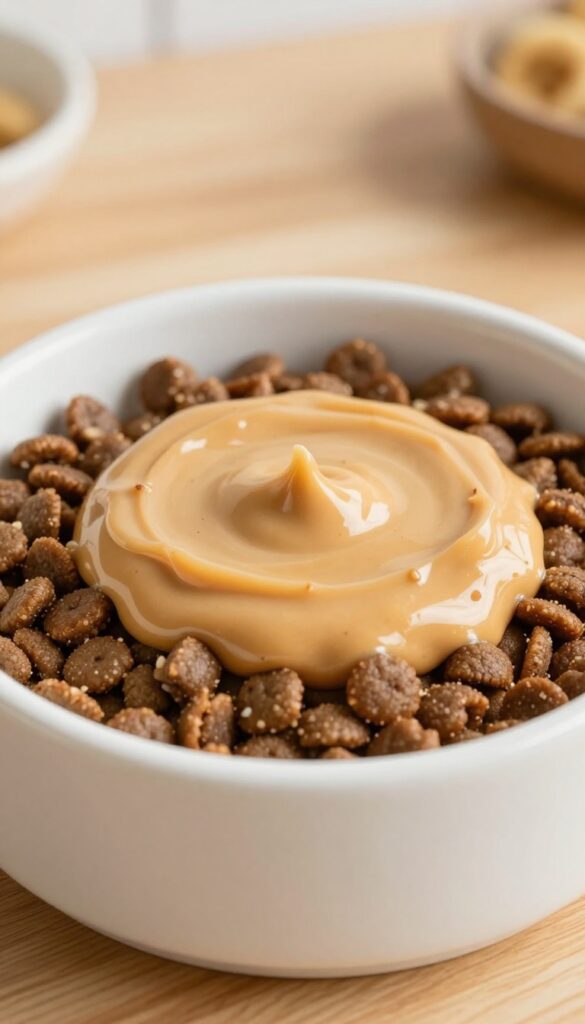 Homemade creamy peanut butter and banana drizzle being poured over dog kibble in a bowl, natural lighting, cozy kitchen background.