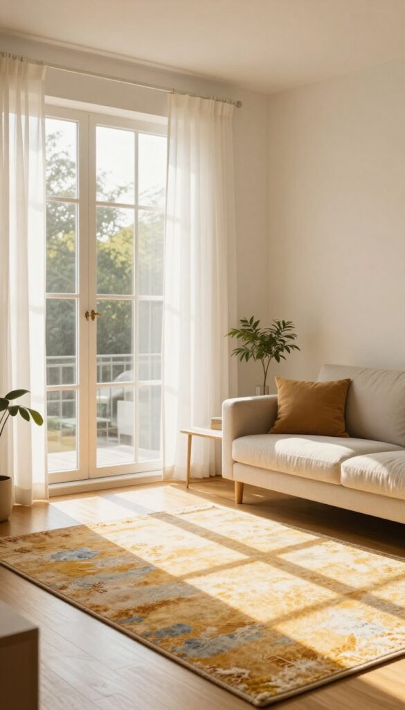 A living room with a colorful rug partially faded by sunlight, with sheer curtains and a plant on the windowsill.