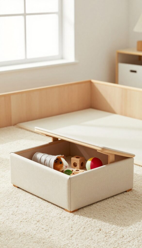 Convertible ottoman with toy storage for guinea pig room