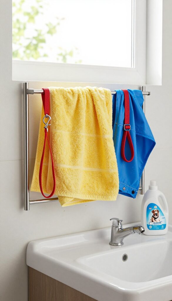Wall-mounted drying rack with dog towels, leash, and raincoat above a utility sink in a bright laundry room