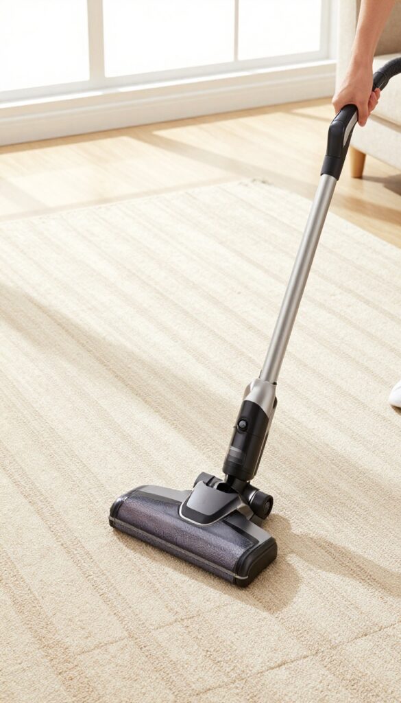 Person vacuuming carpet in a grid pattern for thorough cleaning