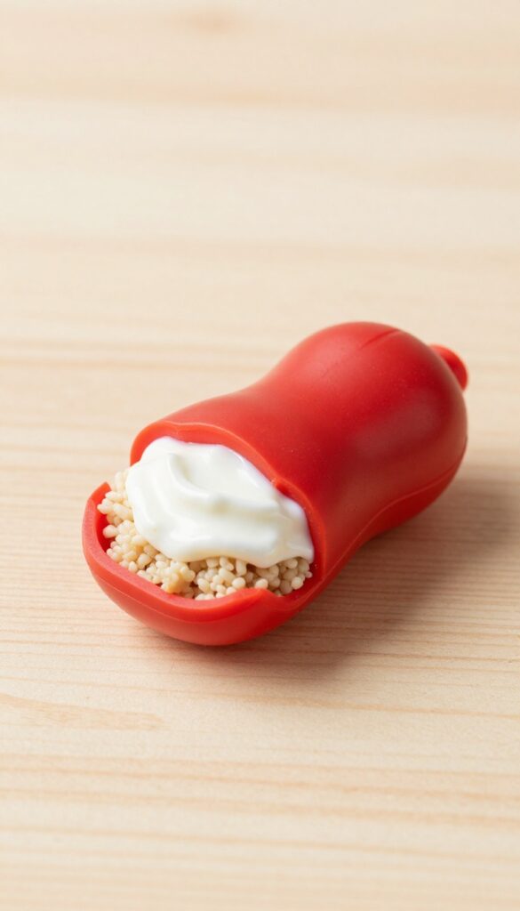 Red Kong toy stuffed with turkey and couscous mixture and topped with yogurt, on a wooden surface.