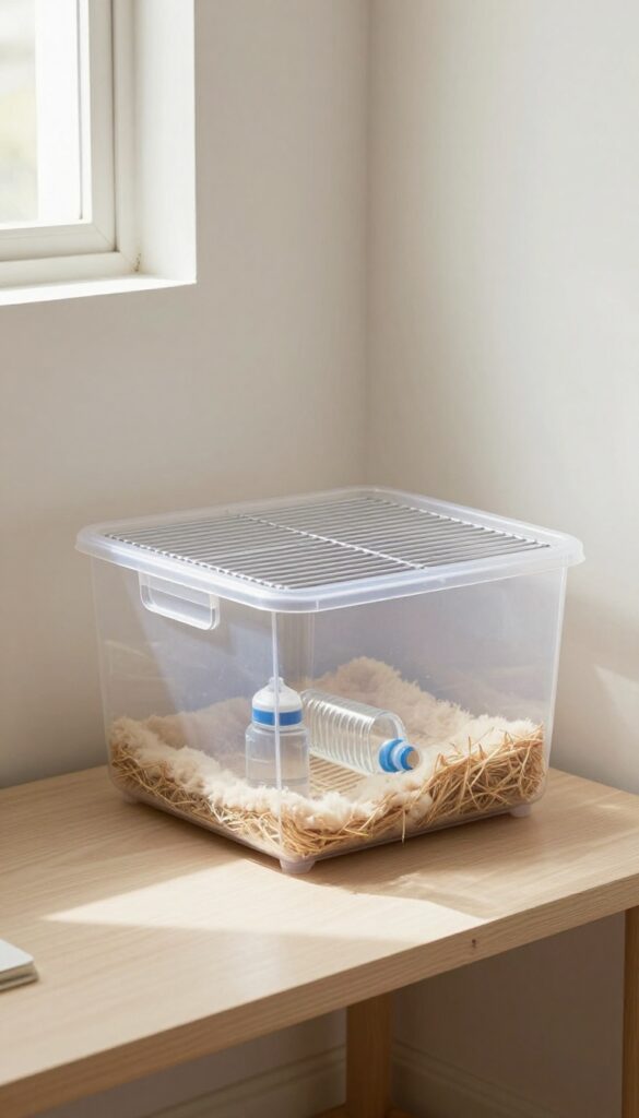 A quarantine cage setup for a guinea pig, consisting of a clear plastic bin with a wire lid, placed on a table in a well-lit room.