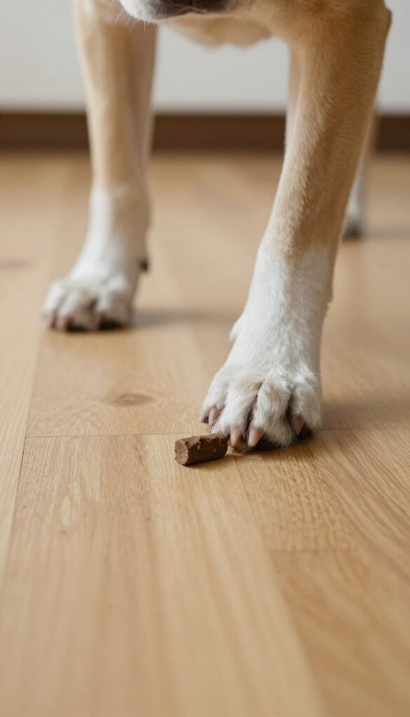Dog sniffing a treat hidden behind a chair leg during a treasure hunt game