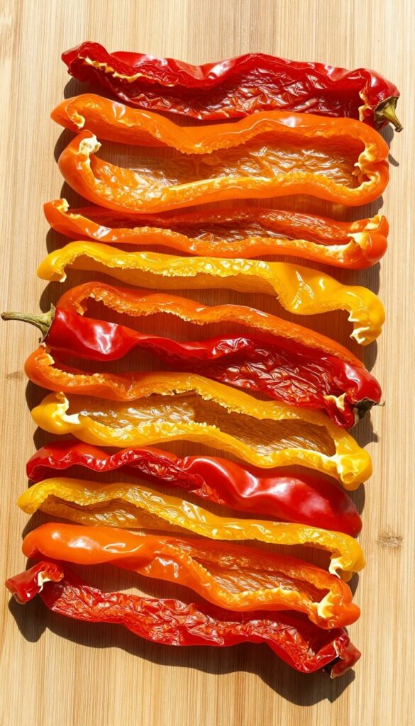 Dehydrated bell pepper strips for homemade dog treats, arranged on a dehydrator tray in natural light.