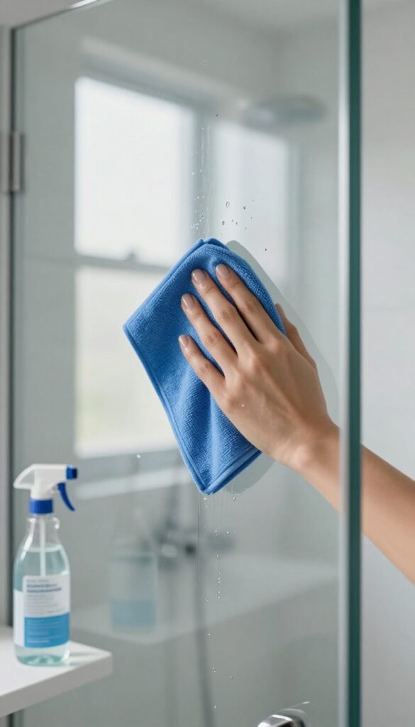 Cleaning a glass shower door with rubbing alcohol solution for a streak-free shine