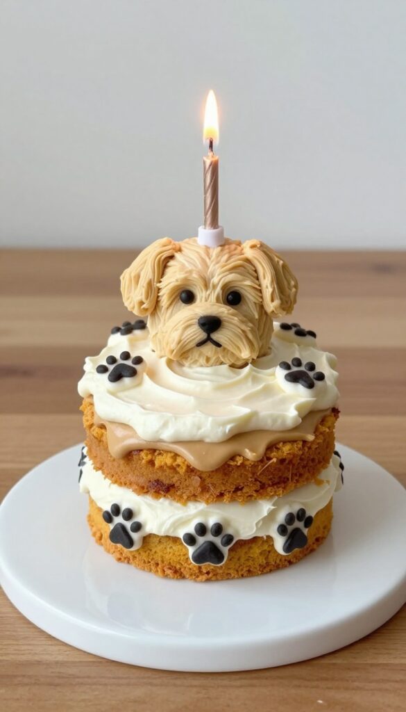 Homemade dog birthday cake with yogurt frosting and a candle on a wooden table