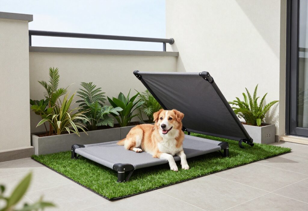 Dog-friendly apartment patio with artificial turf, pet bed, plants, and shade canopy