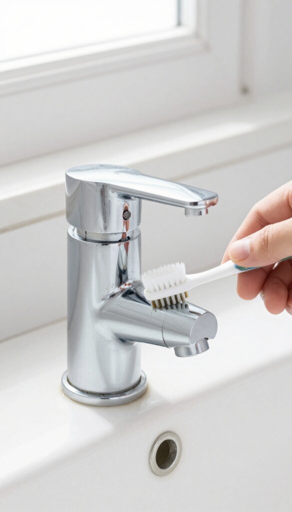 Hand scrubbing faucet base with toothbrush to remove grime and hard water buildup.
