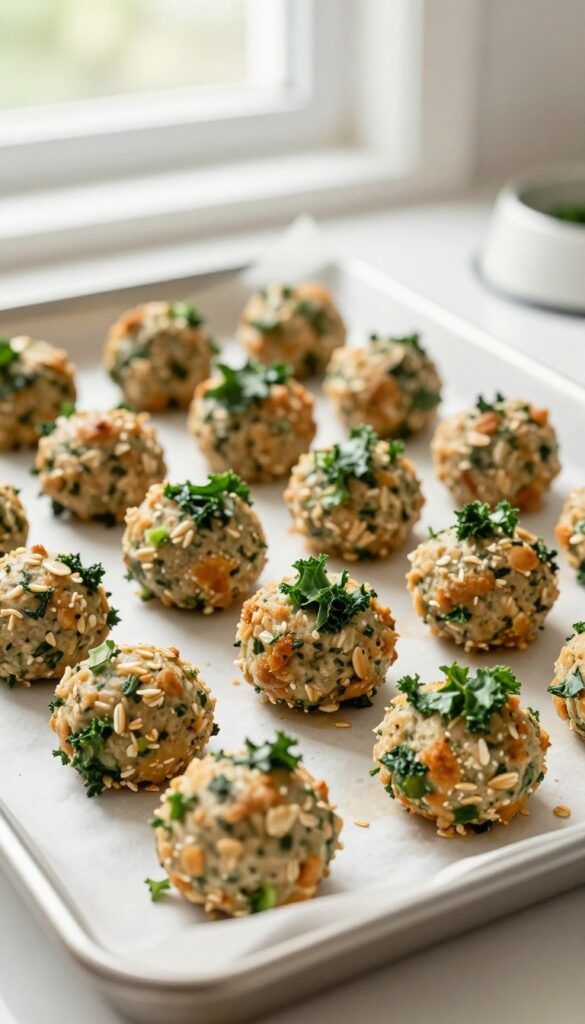 Freshly baked turkey meatballs with kale and oats for dogs on a parchment-lined baking sheet.