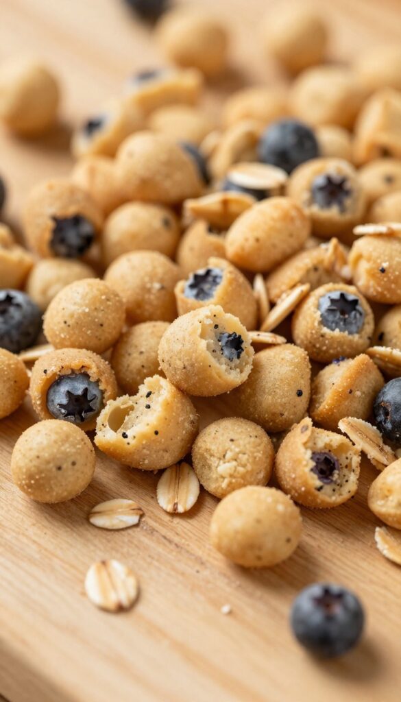 Homemade blueberry and oat egg bite dog treats on a wooden surface, showing golden-brown texture with blueberries and oats.
