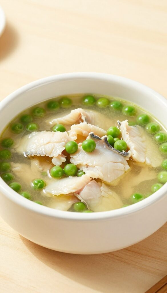 Homemade fish and pea dog stew in a bowl, with flaked cod and green peas in broth, natural lighting, pet food photography.