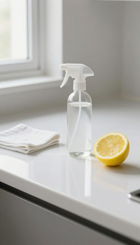 A clean kitchen countertop with a spray bottle and lemon slices, natural light, minimalist composition.