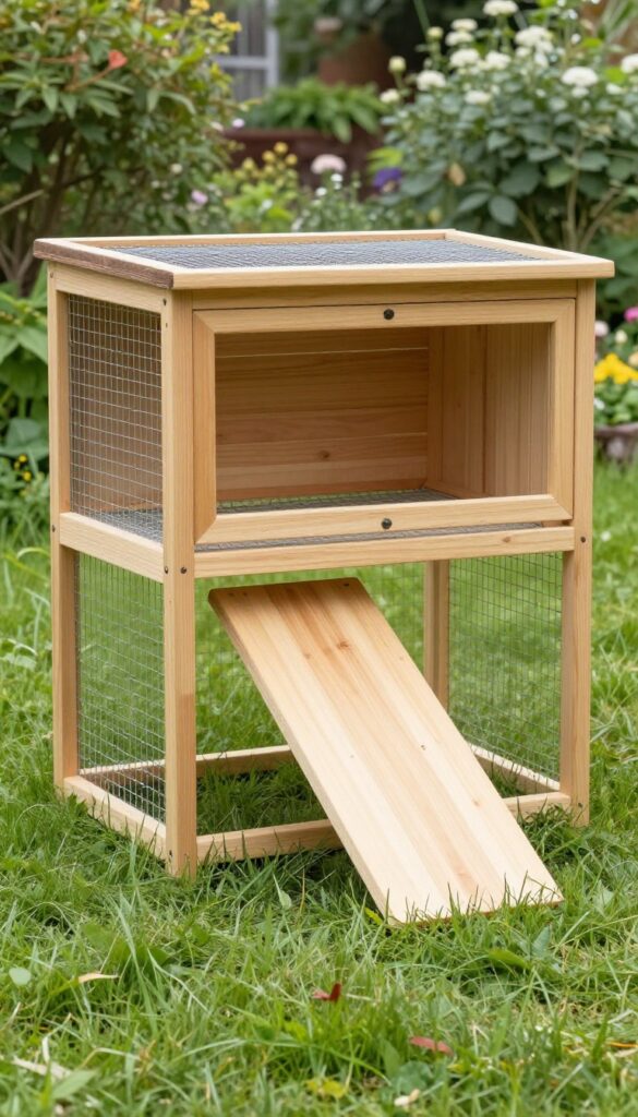 Two-level wooden guinea pig hutch with ramp and grassy run in a sunny garden