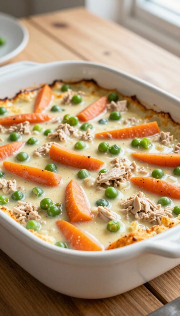 Homemade turkey and green bean casserole for dogs, baked in a dish with vegetables and creamy sauce.