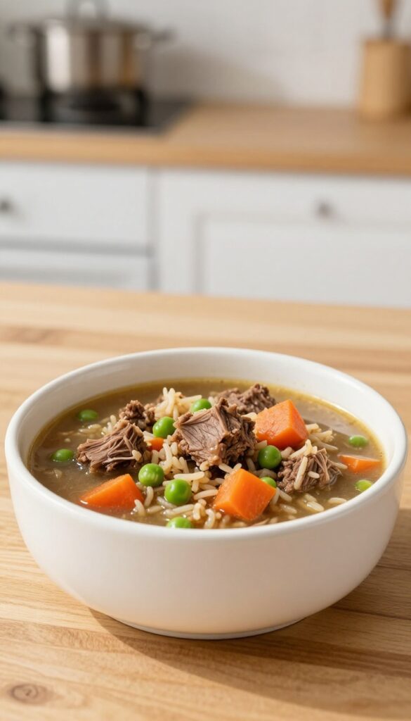 Homemade lamb and brown rice stew for dogs in a ceramic bowl on a wooden table, natural light, hearty and comforting dog food recipe.
