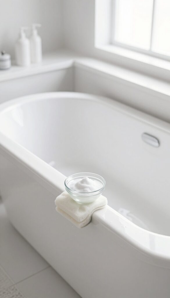 A clean white bathtub with baking soda and vinegar on the edge, ready for cleaning