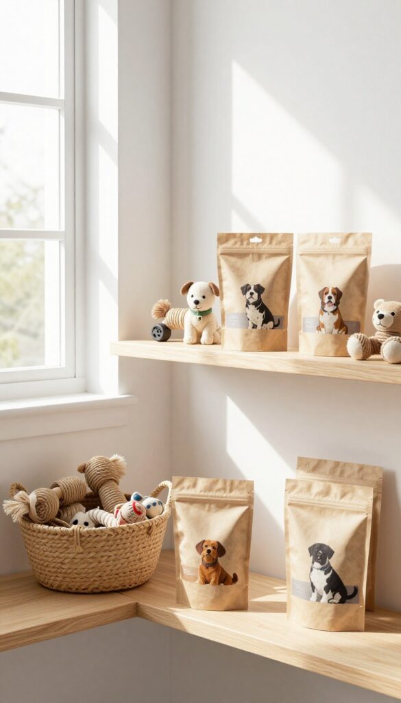 Eco-friendly dog boutique display with organic toys and biodegradable products on wooden shelves in natural light