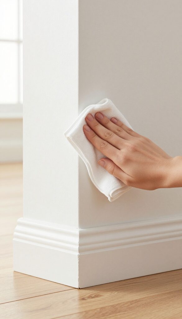 Hand wiping clean white baseboard with microfiber cloth in bright living room