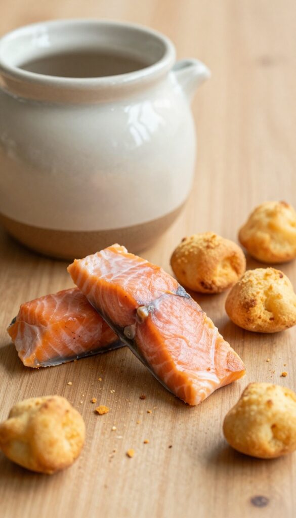 Homemade salmon and sweet potato dog treat puffs in a jar