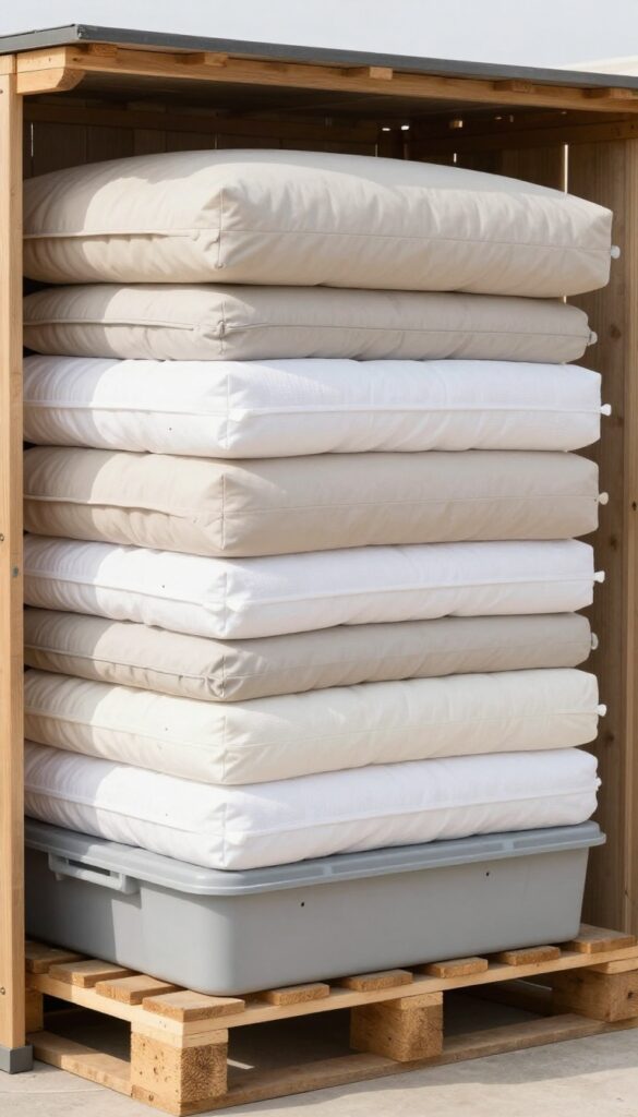 Clean outdoor cushions stored on a pallet in a ventilated shed, covered with a breathable fabric cover.