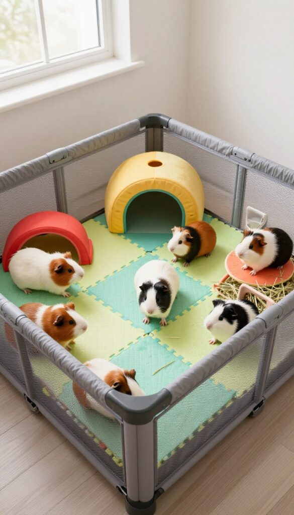 Extra-large playpen with soft flooring for guinea pigs, featuring foam mats, fleece, hideys, and tunnels in a bright indoor room.