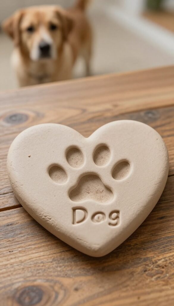 Stamped clay heart keepsake with dog paw print impression on rustic wooden table
