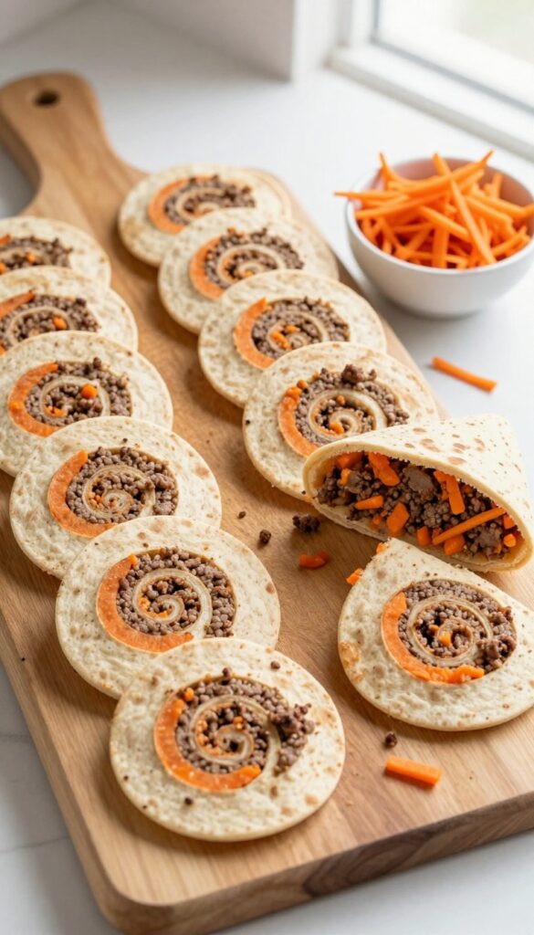 Homemade dog treat pinwheels made from whole wheat tortilla filled with ground beef and carrot, sliced into rounds on a wooden board.