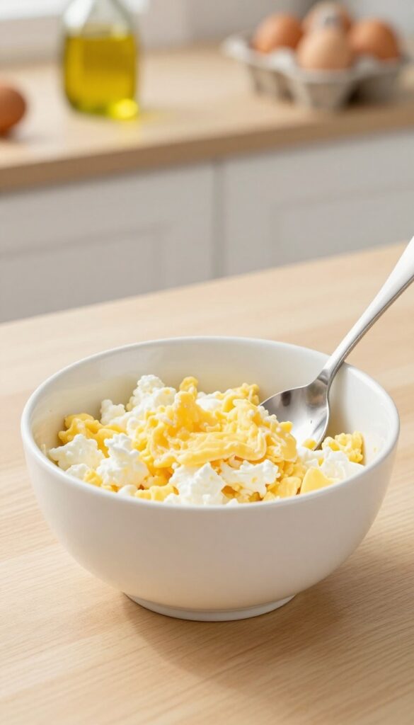 Soft scrambled eggs with cottage cheese in a white bowl, a dog-friendly meal for dogs with missing teeth.
