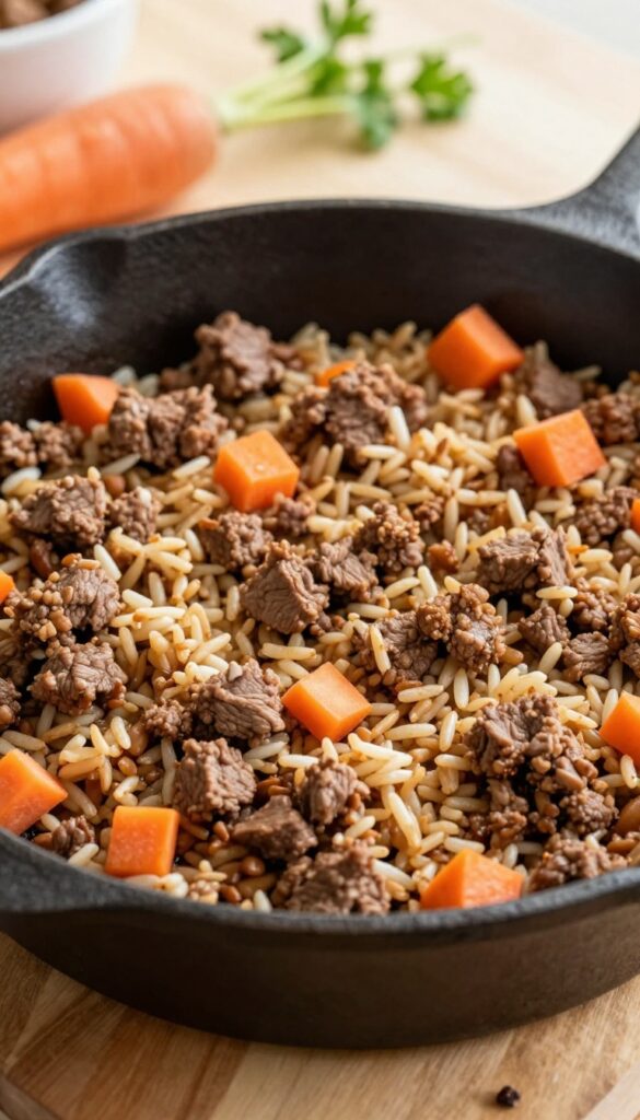 One-pan dog food skillet with ground beef, brown rice, and carrots, served in a cast iron pan on a wooden table.