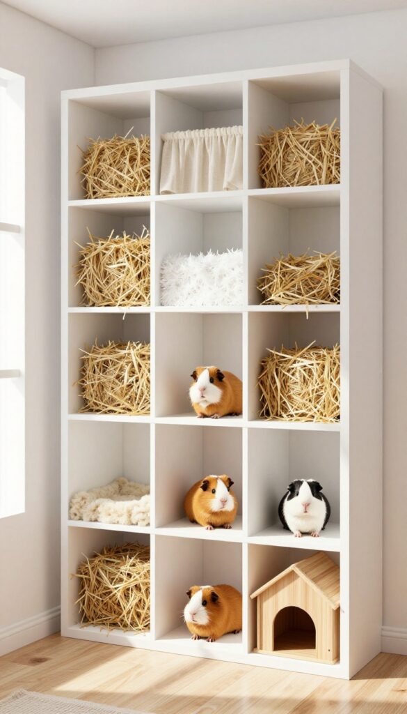 Floating cubby shelves filled with hay and bedding in a bright guinea pig room with play zone below