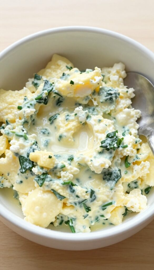 Homemade scrambled eggs with cottage cheese and spinach for dogs in a white bowl, soft meal recipe for senior dogs or picky eaters.