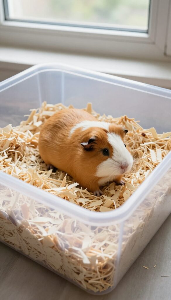 Deep-bedded bin cage for guinea pigs with high walls and paper bedding